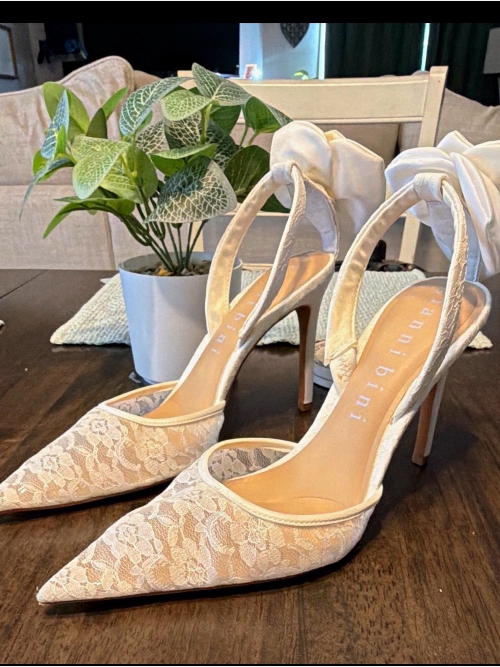 Gianni Bini Ivory Lace Pointed Toe Stiletto Heels with Ankle Tie